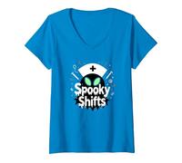 Spooky Shifts: Alien Nurse Halloween for Medical Staff V-Neck T-Shirt, Women, Sapphire, S