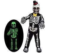 Spooky Skelebones Deluxe Skeleton Kids Toddler Costume Set with Glow in The Dark Effect on Skull for Halloween Dress Up Party