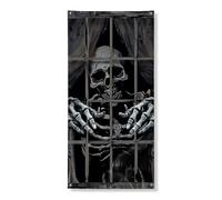 Spooky Skeleton Door Cover Banner Decorative, Creepy Halloween Window Design, Indoor Outdoor Haunted House Decor, Festival Holiday Supplies 36x72 Inch