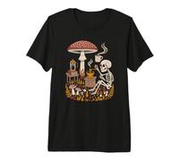 Spooky Skeleton Drinking Morning Coffee in a Dark Forest Premium T-Shirt