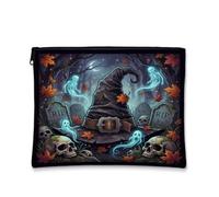 Spooky Witch Hat Halloween Theme Makeup Bag 7x9 Inch | Gothic Forest Background, Cosmetic Bag, Spectral Ghost Accents, Fall Foliage, Spooky Graveyard Scene, Dark Moody Aesthetic