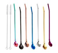 Spoon Straws 2 in 1 Stainless Steel Drinking Straws Cocktail Spoons with 2 Long Cleaning Brushes 9PCS, Stainless Steel Spoon