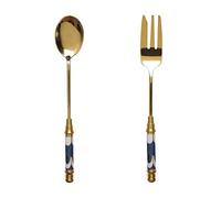 Spoons Tableware Set European Style Golden Stainless Steel 2-piece Spoon and Fork Ceramic Handle Afternoon Tea Dessert(F)
