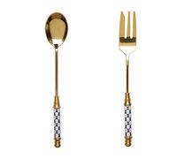 Spoons Tableware Set European Style Golden Stainless Steel 2-piece Spoon and Fork Ceramic Handle Afternoon Tea Dessert(I)