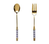 Spoons Tableware Set European Style Golden Stainless Steel 2-piece Spoon and Fork Ceramic Handle Afternoon Tea Dessert(B)