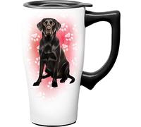 Spoontiques Black Lab Ceramic Travel Coffee Mug with Lid and Handle - Spill Proof Lid - Double Walled Mug for Hot and Cold Beverages - Microwave and Dishwasher Safe