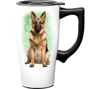 Spoontiques German Shepherd Ceramic Travel Coffee Mug with Lid and Handle - Spill Proof Lid - Double Walled Mug for Hot and Cold Beverages - Microwave and Dishwasher Safe
