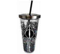 Spoontiques - Harry Potter Tumbler - Deathly Hallows Glitter Cup with Straw - 20 oz - Acrylic - Black