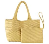 SporGenius Woven Tote Bag for Women, Vegan Leather Beach Bags with Small Purse, Large Travel Top Handle Handbags, Yellow, L, Classic Handmade Shopper Bag