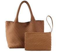 SporGenius Woven Tote Bag for Women, Vegan Leather Handwoven Bags with Small Handmade Purse, Large Travel Braided Top Handle Handbags, Brown, Classic Handmade Shopper Bag