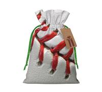 Sport Ball Baseball Printed Christmas Drawstring Bags with Green Christmas Ribbon - Reusable Burlap Drawstring Gift Pouches, S