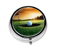 Sport Golf Ball Sunset Tree Print Pill Box, Round Pill Organizer, 3 Compartment Small Pill Case for Purse & Pocket, Portable Medicine Box, Travel Pill Case