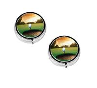 Sport Golf Ball Sunset Tree -Print Portable Round Pill Box - Stylish Round Pill Organizer for Travel Compartments Gift for Medication Management
