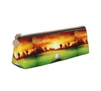 Sport Golf Ball Sunset Tree Print Triangle Pencil Case Leather Pen Pouch Cosmetics Bags Desk Stationery Organizer Box Holder For Office Women Men