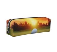 Sport Golf Ball Sunset Tree Printed Leather Pencil Case Cute Stationery Organizer Simple Makeup Bag Pen Pouch, Silver Zipper