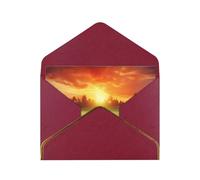 Sport Golf Ball Sunset Tree Printed Pearl Paper Greeting Card, Dark Red - Folded Blank Cards with Gold Trim for Weddings, Birthdays, Christmas