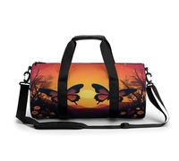 Sport Gym Bag for Women Men,Two Butterflies at Sunset Cylindrical Travel Duffel Bag with Adjustable Straps for Travel, Sports, Workout