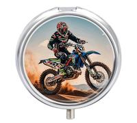 Sport Motorcycle Motocross Racing Theme Pill Box 3 Compartment Travel Pill Organizer 3 Times A Day Cute Mini Pill Case for Purse & Pocket Portable Metal Medicine Box with Mirror Round Daily Medicine V