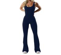 Sport Suspender Jumpsuit Women One Piece Backless Jumpsuits Sleeveless Tummy Contral Rompers Square Neck Bodysuit with Built in Bra Wide Leg Full Length Romper Gym Workout Yoga Playsuits Navy