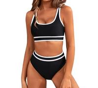 Sport Swimming Costume Women 2 Pieces Tankini Set Gym Bikini Crop Top and Swim Briefs High-Waisted Plain Two Piece Swimsuit Tummy Control Swimwear Beachwear Ladies Bathing Suits UK