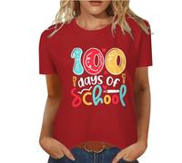 Sport T Shirt Women Loose Fashion Letter Print T Shirt Round Neck 100 Days Cool 100th School Day T Shirt Short Sleeve Loose Top T Shirt Print Women, red, Large