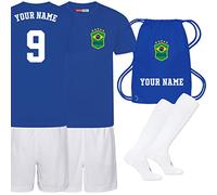 Sportees Personalised Unisex Kids Brazil Football Kit - Blue & White Away Jersey, Shorts, Socks, and Bag - 3/4 Years