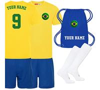 Sportees Personalised Unisex Kids Brazil Football Kit - Yellow & Blue Home Jersey, Shorts, Socks, and Bag - 9/11 Years Yellow
