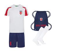 Sportees Retro Kids Personalised Contrast Red, White & Blue England Style Home Football Kit with Free Socks & Bag - 5/6 Years
