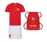 Sportees Retro Kids Personalised Red and White England Football Kit Style Red Shirt, White Shorts, Red Bag - Best Birthday Gift Football Kits for Children Kids Girls & Boys - 7/8 Years