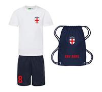 Sportees Retro Kids Personalised White and Navy England Style Home Football Kit with Free Gym Bag Youth Football England Boys Or Girls Football Jersey (7-8 Years 30")