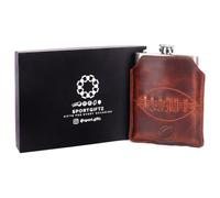 SPORTGIFTZ - Buffalo Leather Hip Flask | 8oz Capacity | Brown Leather Cover | Ideal for Rugby Enthusiasts | Includes Portable Pouch | Retro Rugby Ball Stitching, Brown, Metal