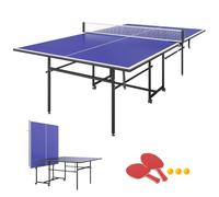 SPORTNOW 9FT Folding Table Tennis Table Portable Full-Size Indoor Blue | for Ping Pong, Quick Set-Up, 4 Wheels, 2 Bats, 3 Balls