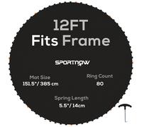 SPORTNOW Trampoline Replacement Mat with Eight Rows of Stitching, Spring Pull Tool, 72 V-Hooks, for 12ft Trampoline, Using 14cm Springs, Trampoline Jumping Mat, Black
