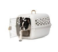 SportPet 26” Small Front Load Hard Sided Pet Carrier Kennel - Easy Access Durable Plastic Travel Crate with Carry Handle - Dog, Cat, Rabbit, & Small Pet, Ventilated Shell for Car, Vet, & Home - Cream