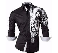 Sportrendy Men Casual Slim Fit Long Sleeve Devil Printing Button Down Dress Shirt JZS047 Black XL