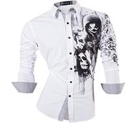 Sportrendy Men Casual Slim Fit Long Sleeve Devil Printing Button Down Dress Shirt JZS047 White XL