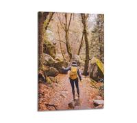 Sports Backpacker Hiking on Stone Path in Forest Picture Poster Modern Wall Art Canvas Aesthetic Decoration Painting 08x12inch(20x30cm) Frame-style