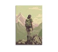 Sports Backpacker Looking Into Mountains in Illustration Style Picture Poster Modern Wall Art Canvas Aesthetic Decoration Painting 16x24inch(40x60cm) Unframe-style