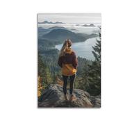 Sports Backpacker Overlooking Lake View from Mountain Peak Picture Poster Modern Wall Art Canvas Aesthetic Decoration Painting 16x24inch(40x60cm) Unframe-style