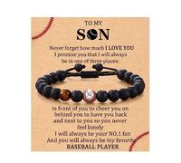 Sports Ball Black Obsidian Beaded Bracelet for Men Women Handmade Natural Tiger Eye Stone Adjustable Healing Bracelets Soccer Basketball Baseball Bangle Birthday Graduation Gift with Card, One Size