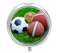 Sports Balls on Grass Pill Box Waterproof Portable Medicine Pill Case Moisture Proof Metal Travel Pill Box with 3 Compartment Medicine Case
