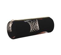 Sports Basketball Printed Leather Pencil Case Cute Stationery Organizer Round Makeup Bag Pen Pouch, Gold Zipper