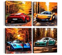 Sports Car Canvas Wall Art - 4PC Framed Colorful Supercar Painting Picture - Racing Car Garage Wall Decor - Autumn Landscape Modern Canvas Prints for Boys Room & Men Bedroom Home Office