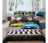 Sports Car Comforter Cover Set Extreme Sports Decor Duvet Cover Set for Kids Boys Yellow Blue Race Car Bedding Set Cool Speed Competitive Racing Car Quilt Cover Room Decor 2Pcs Single Size,Zipper