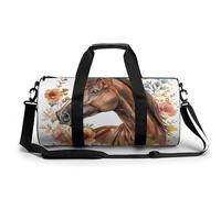 Sports Duffel Bag Watercolor Floral Flowers and Horse Head Travel Duffel Bag Round Luggage Gym Bags Fitness Bag