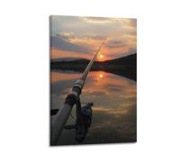 Sports Fishing Rod Against Lake Scenery at Sunset Picture Poster Modern Wall Art Canvas Aesthetic Decoration Painting 24x36inch(60x90cm) Frame-style