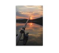 Sports Fishing Rod Against Lake Scenery at Sunset Picture Poster Modern Wall Art Canvas Aesthetic Decoration Painting 20x30inch(50x75cm) Unframe-style