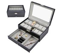 sports flyfree Watch Box Organizer, 2 layer 12 Grids Slot PU Leather Watch Storage Case for Women Men, Jewelry Display Holder for Watches Sunglasses Rings Necklaces Bracelets