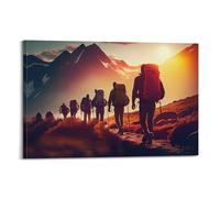 Sports Group Hiking in Mountains at Sunset Picture Poster Modern Wall Art Canvas Aesthetic Decoration Painting 20x30inch(50x75cm) Frame-style