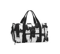 Sports Gym Bag For Boys Girls, Black White Cats Pattern Travel Duffel Bag With Shoe Compartment & Adjustable Strap, Water-Resistant Weekender Overnight Tote Carry-On Bag For Men Women